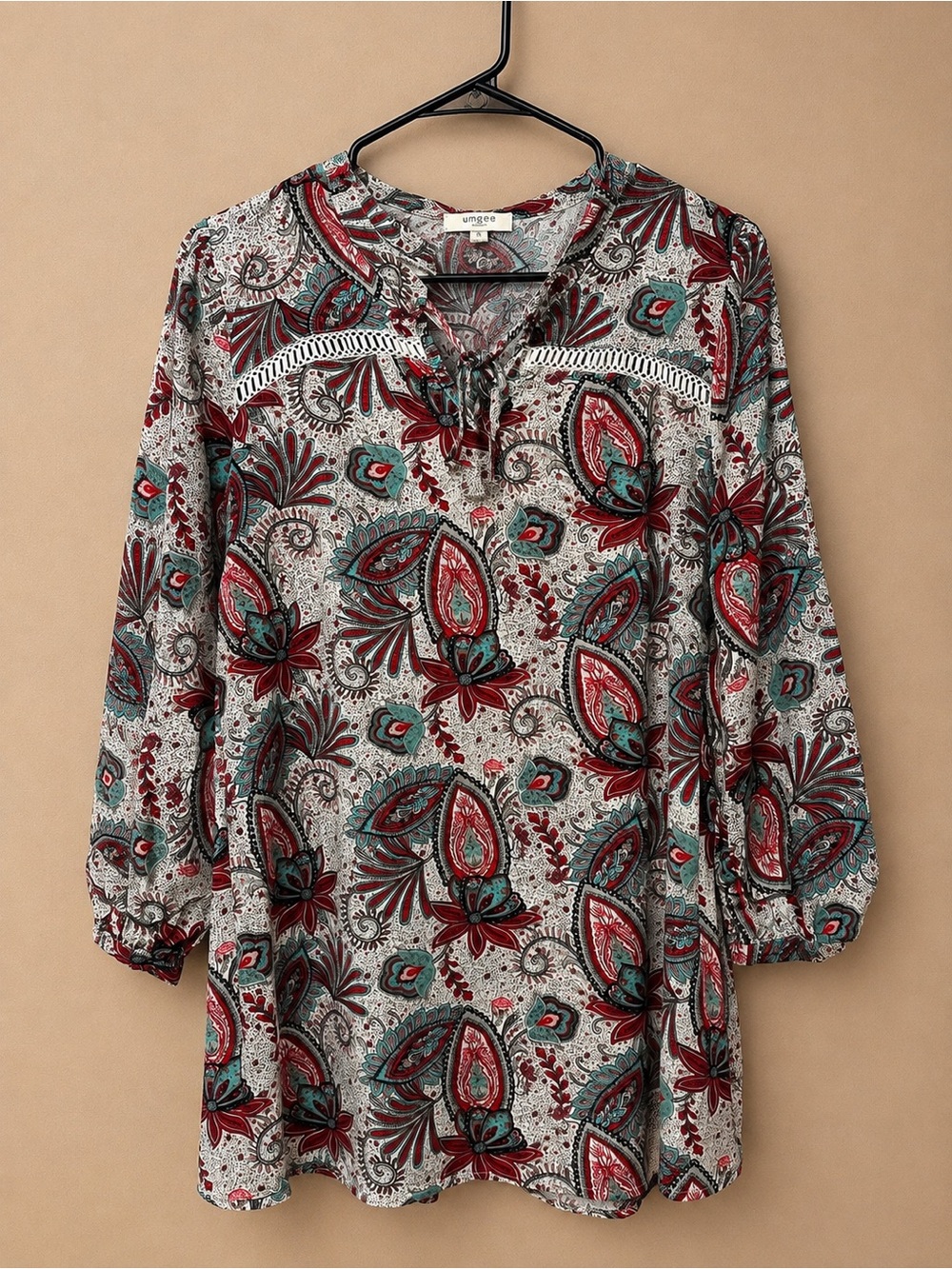 Umgee Paisley Tie-Neck Tunic in Red, Teal & Gray